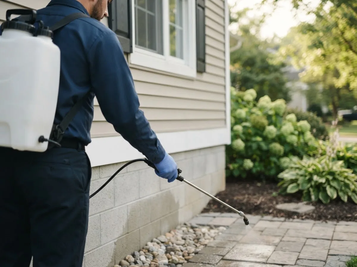 Pest control technician inspecting a home in Shanks, WV